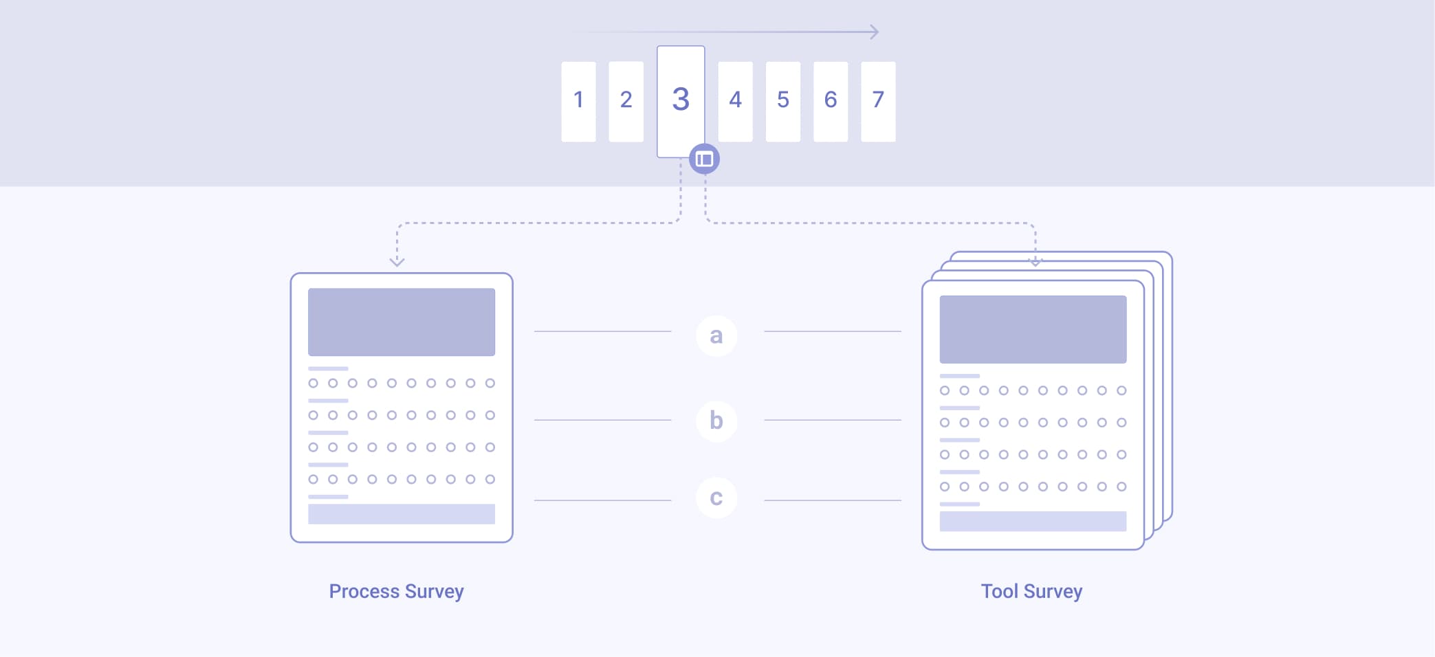Survey structure diagram showing modular, repeating blocks for process and tool surveys