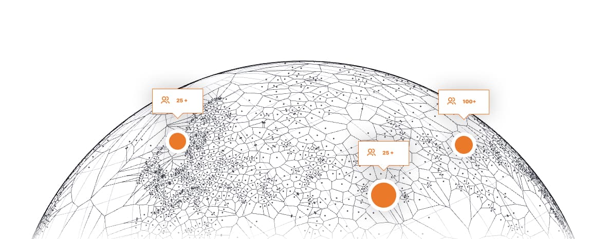 Abstracted view of a globe with indicators showing the positions of the offices and the amounts of users per office